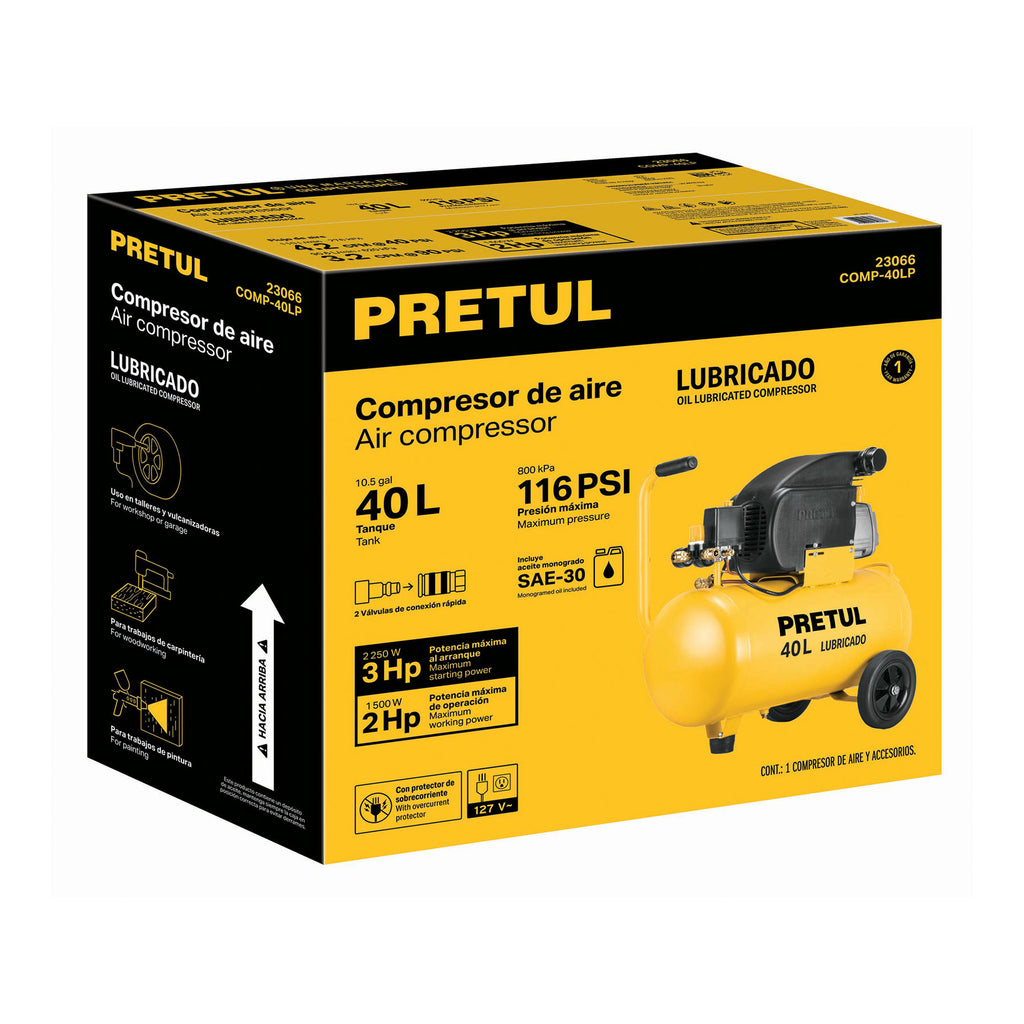 Compresor lubricado, 40 L, 3 HP, horizontal, 127 V, PRETUL