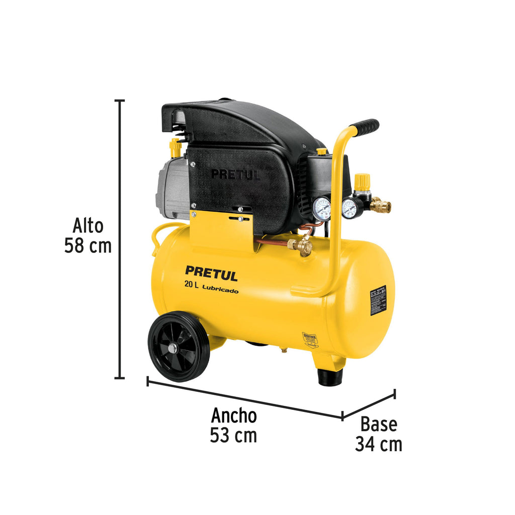 Compresor lubricado, 20 L, 2-1/2HP, horizontal, 127V, PRETUL