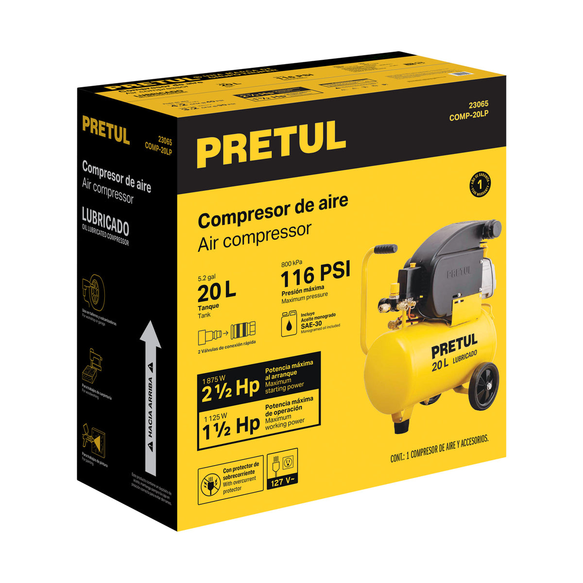 Compresor lubricado, 20 L, 2-1/2HP, horizontal, 127V, PRETUL