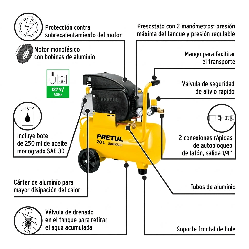 Compresor lubricado, 20 L, 2-1/2HP, horizontal, 127V, PRETUL