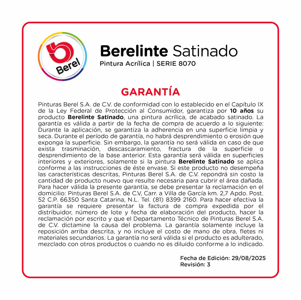 Pintura vinili-acrilica Berelinte satin 19 L