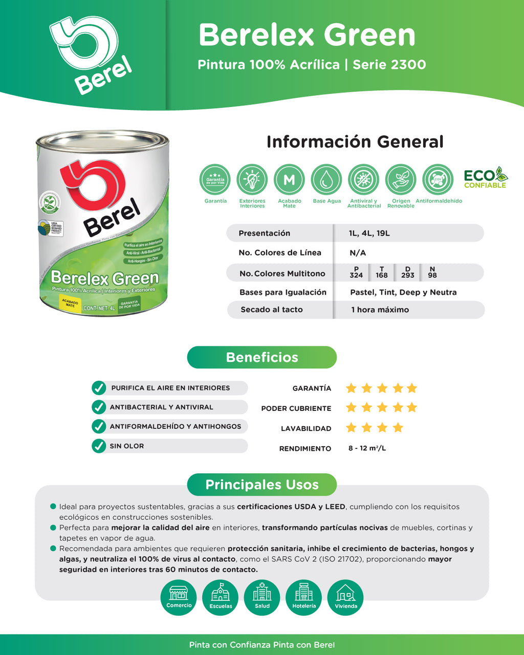 Pintura 100% acrilica Berelex Green 19 L